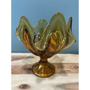 Vintage Viking Glass Amber Gold Handkerchief 6 Petal Swung Pedestal Vase